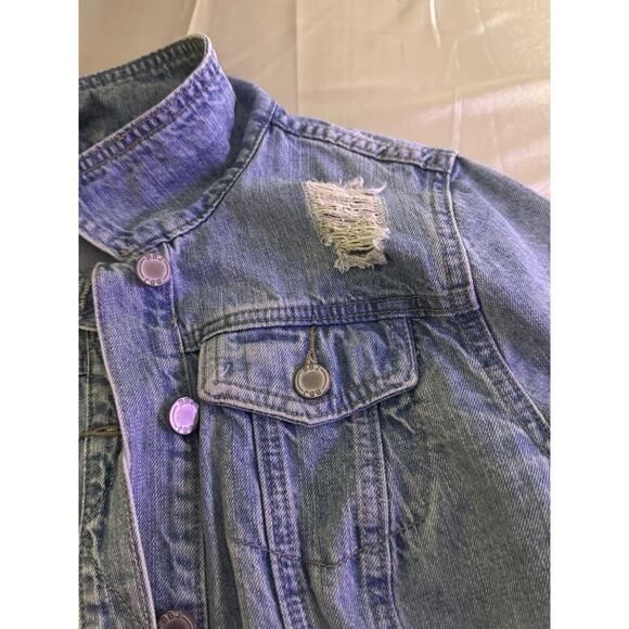Boom Boom Distressed Jean Jacket Patches Trucker Y2k Festival Cropped Grunge - Picture 7 of 10